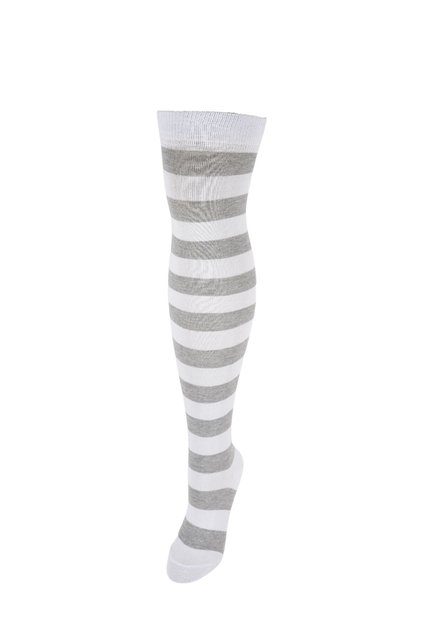 Women's White Gray Striped Cotton Knee High Socks - Patterned Socks