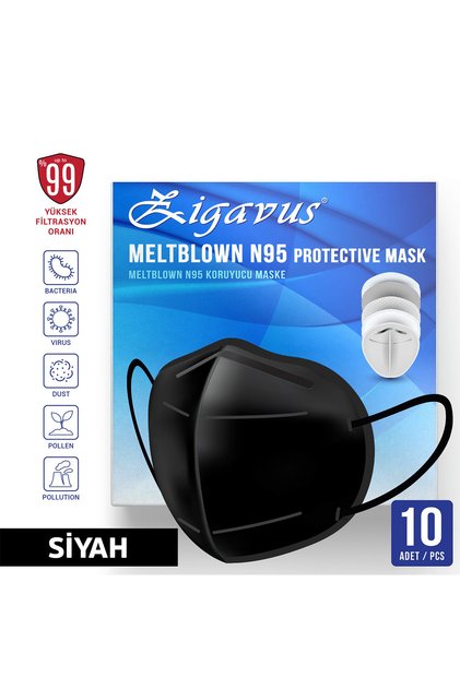 Zigavus N95 Maske Siyah Renk 10 Adet - Ce & Iso Sertifikalı Çift
