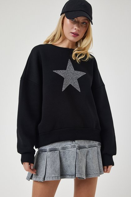 Schwarzes Strick-Sweatshirt mit aufgesticktem Stern für Damen, UB00237