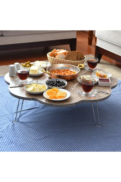90 Cm Kahve Mermer Desenli Ahşap Katlanabilir Papatya Yer Sofra, Yer Masası, Yer Sofra