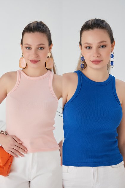 Powder Cobalt Blue 2-Piece Fitted/Fitted Stretch Knitted Blouse Set