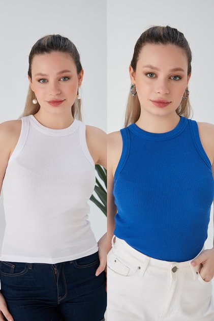 White Cobalt Blue Zargo Model Set of 2 Fitted Wide Piping Halter Neck Ribbed Flexible Knitted Crop Blouse