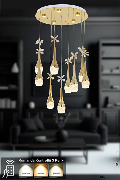 Avizemoda Lale 9'lu Power Ledli Kumandalı Modern Lüks Sarkıt Avize