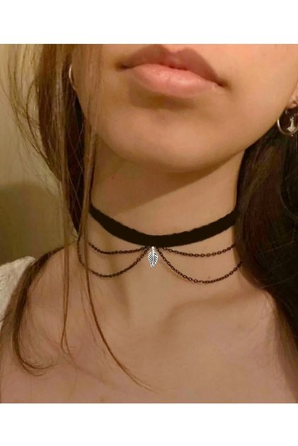 Siyah Zincir, Yaprak Choker, Kadın Kolye, Boyun Choker Kolye