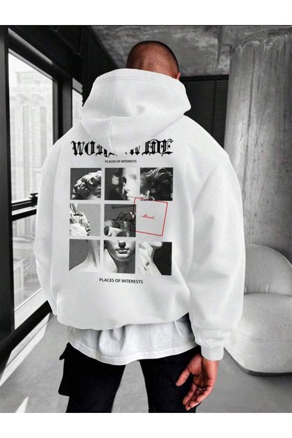 Places Interests 3 Thread Thick Winter Sweatshirt - White Printed Oversize Hooded Hoodie