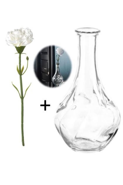 2'li Vazo+Çiçek; VILJESTARK Mini Cam Vazo 17cm + SMYCKA Beyaz Yapay Karanfil Çiçek 30 cm