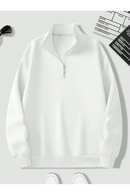 beyaz dik yakalı fermuarlı oversize unisex sweatshirt