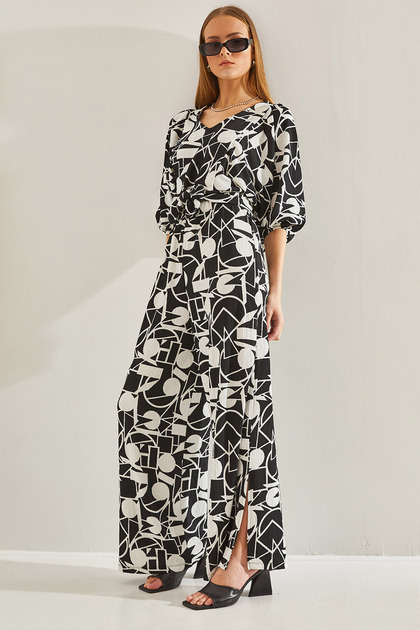 Women's Black and White Floral Patterned Top and Bottom Set 60111059