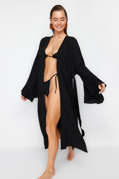 Plaj Giyim Siyah Dokuma Fırfırlı Kuşaklı Maxi Kimono&Kaftan TBESS24KM00026