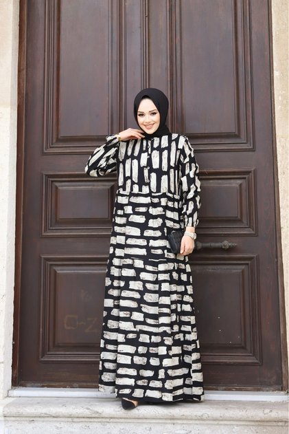 WOMEN'S TESETURY WAIST BELLY WOVEN VISKOSE FABRIC STYLE STONE PATTERNED DRESS