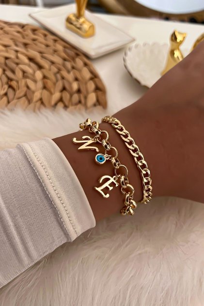 Gold Color Letters Selectable Evil Eye Detailed Chain Bracelet Combination 20