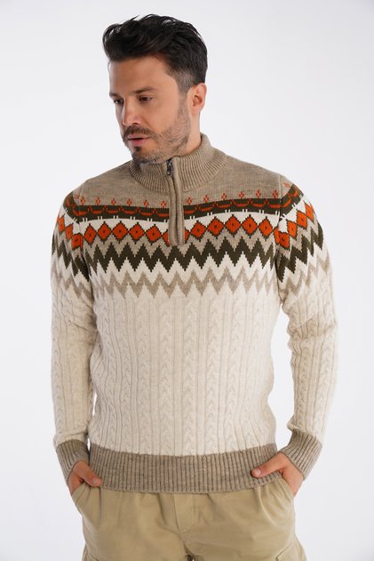 Men's Beige Stand Collar Zippered Hair Braided Jacquard Patterned Knitwear Wool Sweater Trist-5323