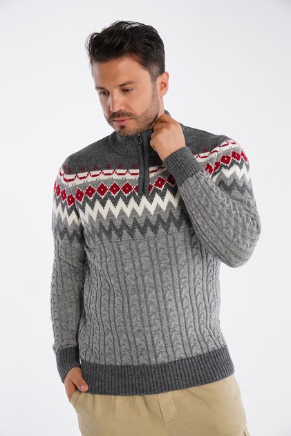 Men's Gray Stand Collar Zippered Hair Braided Jacquard Patterned Knitwear Wool Sweater Trist-5323