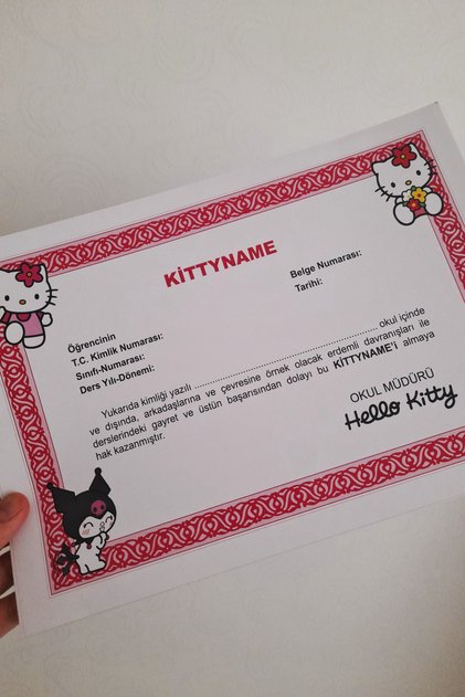 Kittyname Hello Kitty Takdir Belgesi A4 Boyutunda Kişiselleştirilebilir