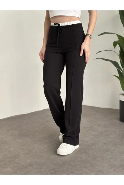 Women's Waist Detailed Lace Up Transverse Neck Full Lycra Crepe Trousers 3837