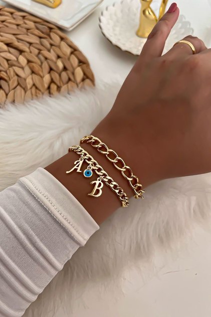 Gold Color Letter Selectable Evil Eye Arrival Chain Bracelet Kombi