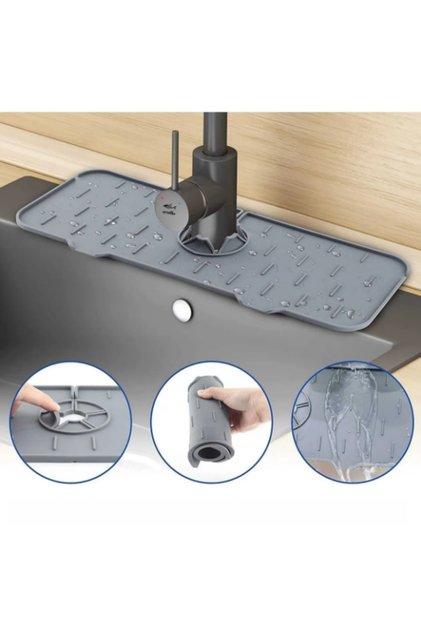 Gri Su Tutucu Musluk Matı Mutfak Banyo Için Koruyucu Musluk Lavabo Matı
