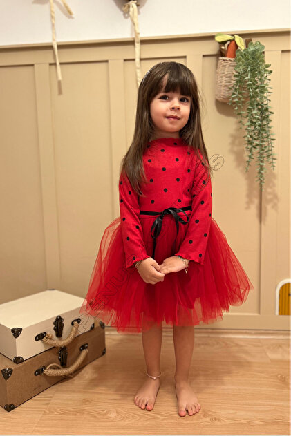 penu baby kids Red Polka Dot Detailed Long Sleeve Baby Girl Dress- Trendyol