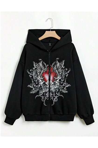 Touz Moda Gothic Heart Baskılı Oversize Fermuarlı Siyah Unisex