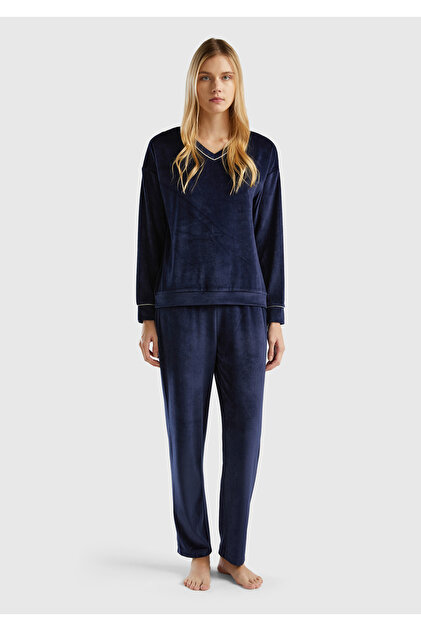 United Colors of Benetton Navy Blue Striped V-Neck Women's Pajamas