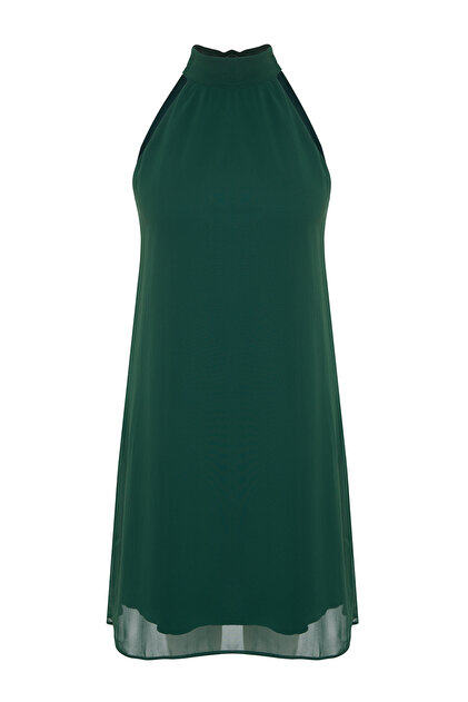 Trendyol Collection Emerald Green Straight Cut Halter Neck Mini Chiffon  Lined Woven Dress TWOSS23EL01059- Trendyol