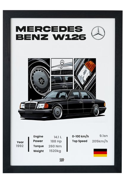 Mercedes Benz W126 1992 Model Car Seri-e Özel Tasarım Siyah Çerçeveli Poster Tablo Duvar Dekoru