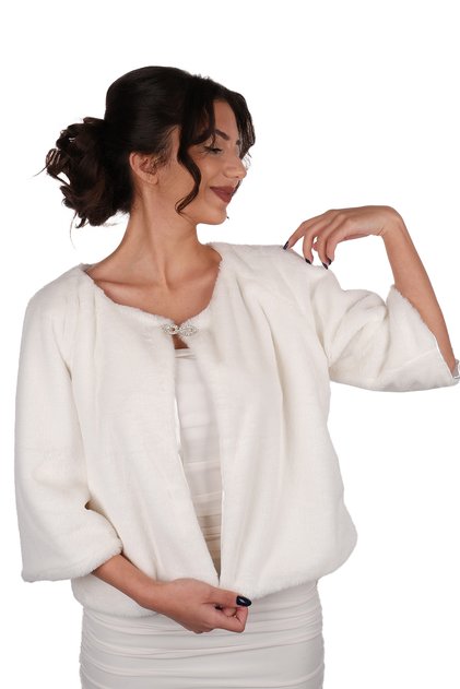 Long Sleeve Etol Fur Soft Bridal Fur with Angel Wing Brooch White