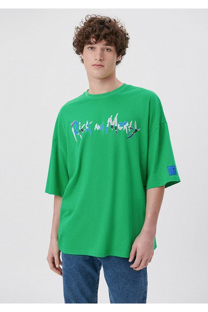 Rick and Morty Baskılı Yeşil Tişört Oversize / Geniş Kesim 0611362-71754