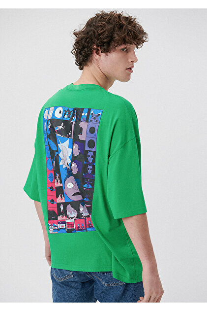 Mavi Rick and Morty Baskılı Yeşil Tişört Oversize / Geniş Kesim