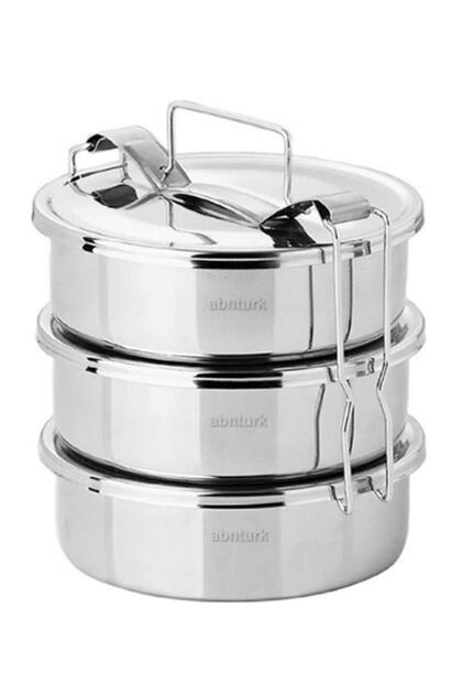 5-6 Person Steel Lunch Box 18X7Cm 3 Compartments Heatable Food Container 1330ml X3=4 Lt Spring-Loaded Handle