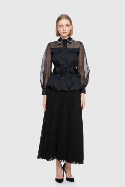 Organza Garnished Embroidered Detailed Black Shirt