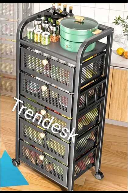 TRENDESK 5 Katlı Metal Siyah Çekmeceli Sebze Meyve Sepeti Mutfak