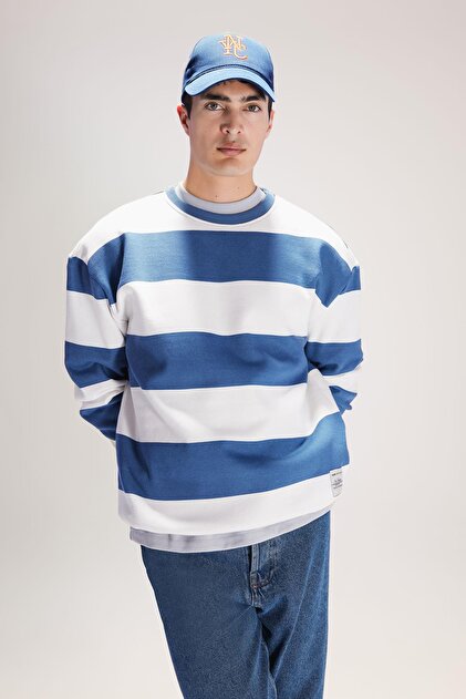 Defacto Boxy Fit Crew Neck Striped Woven Label Sweatshirt