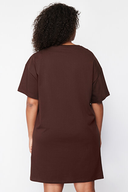 Trendyol Curve Plus Size Brown Slogan Cotton T-Shirt Dress -  Tbbss24Ah00056- Trendyol