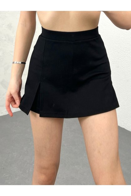 Women's Black Single Slit Full Lycra Shorts Skirt