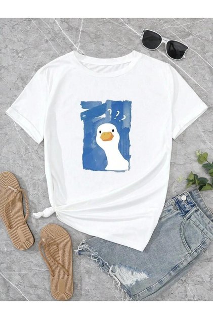 Unisex Duck Printed Crew Neck 100% Cotton White Oversize T-shirt