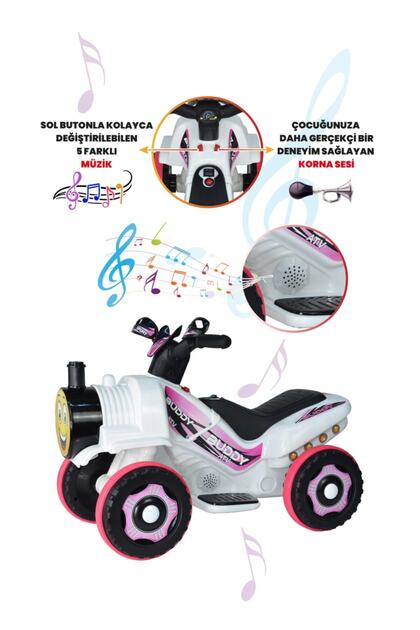 ujtoys Müzikli Ve Led Işıklı Buddy Akülü Atv 6v-beyaz Prenses