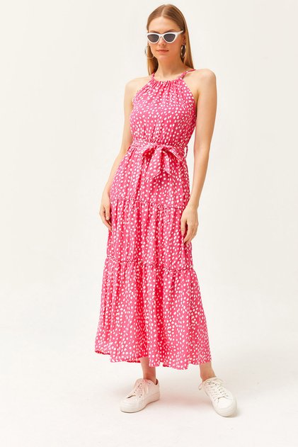 Women's Polka Dot Fuchsia Halter Collar Belted Woven Viscose Dress ELB-19001548