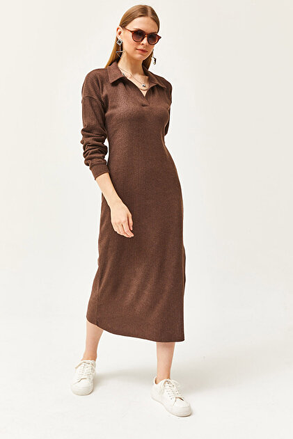 open lace back dress Brown Ribbed Collared Knit Midi Dress – self-portrait-EU main image 0