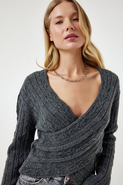 Women's Anthracite Wrap Collar Seasonal Knit Sweater PF00070