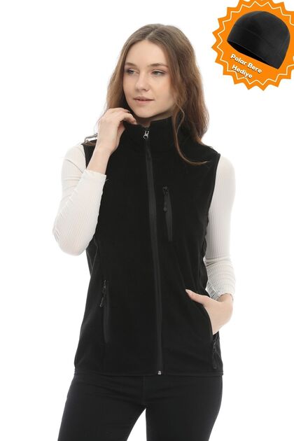 Kadın Siyah  Polar Çok Cepli Trekking Spor Yelek
