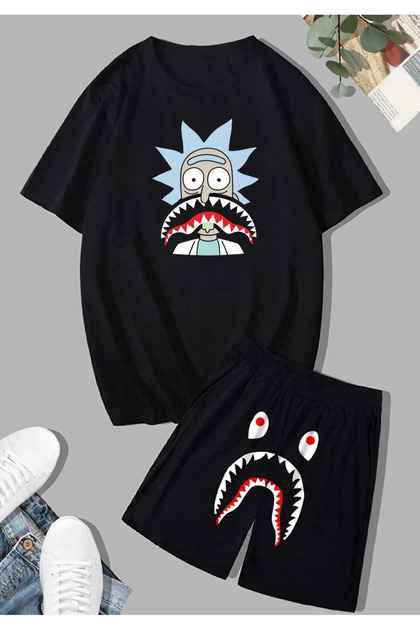 AMMA Unisex Siyah Bape Shark Baskılı Alt Üst T-Shirt Şort Takım