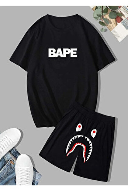 AMMA Unisex Siyah Bape Shark Baskılı Alt Üst T-Shirt Şort Takım