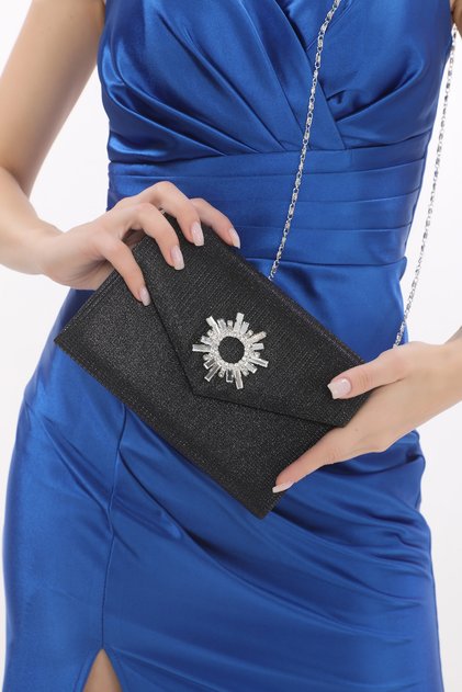 Black Color Çupra Material Stone Accessory Magnetic Envelope Cover Usable Evening Dress Bag with Shoulder Strap