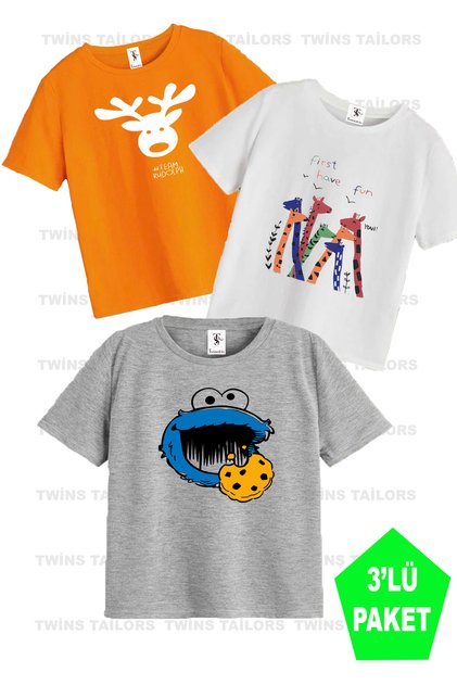 Giraffe Printed 3 Pack Unisex White-Grey-Orange Kids T-Shirt/T-Shirt