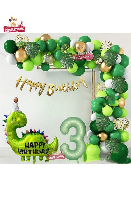 Happy Birthday Written Dinosaur 3 Years Old Green Gold White Birthday Party Set with Foil Balloons