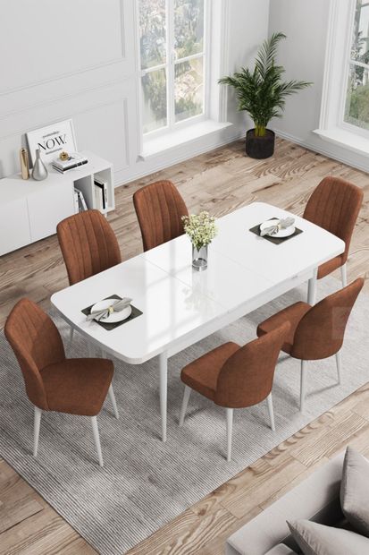 Canisa Concept Rio Serisi Mdf Beyaz Gürgen Ayaklı Açılabilir Mutfak Masa Takımı/beyaz Masa 6 Kiremit Sandalye - 2
