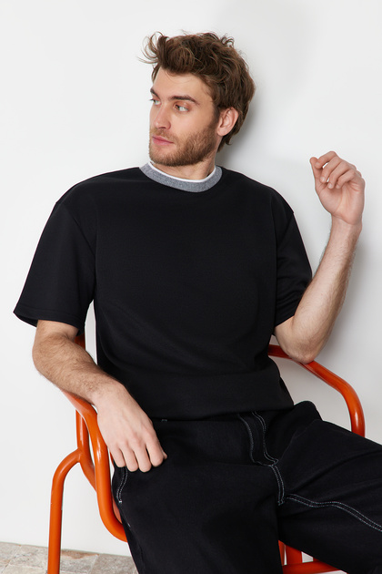 Trendyolmilla Man Premium Siyah Oversize/Geniş Kesim Triko Bantlı