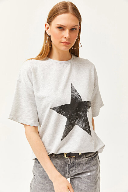 おりょ様 Olalook Kadın Yıldız Gri Ön Arka Baskılı 2 iplik Unisex Oversize
