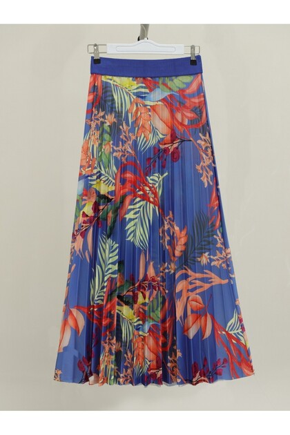 Mixed Patterned Pleated Skirt with Elastic Waist